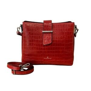 Chiara Ferretti red leather croc embossed box purse with two removable straps